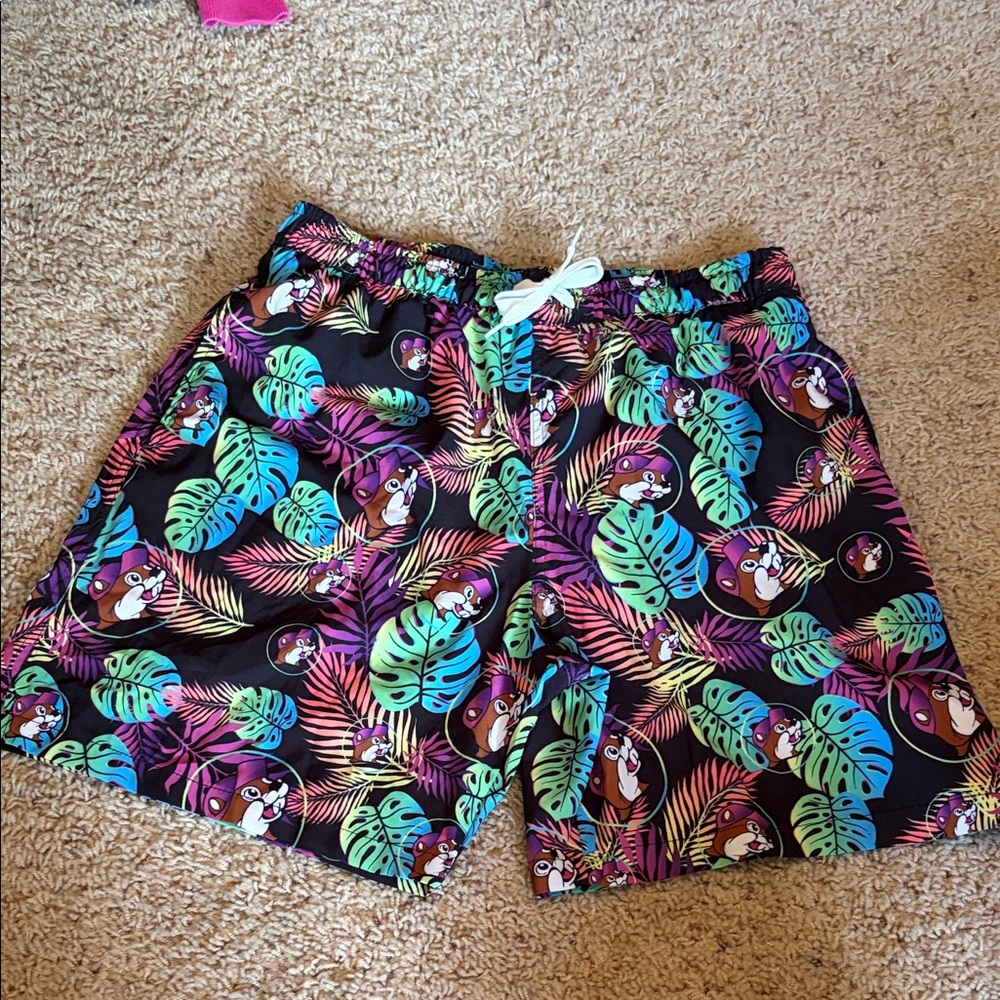 Buc-ee’s Men’s Swim Shorts Neon Tropical Leaf & Buc-ee Face Print Size L